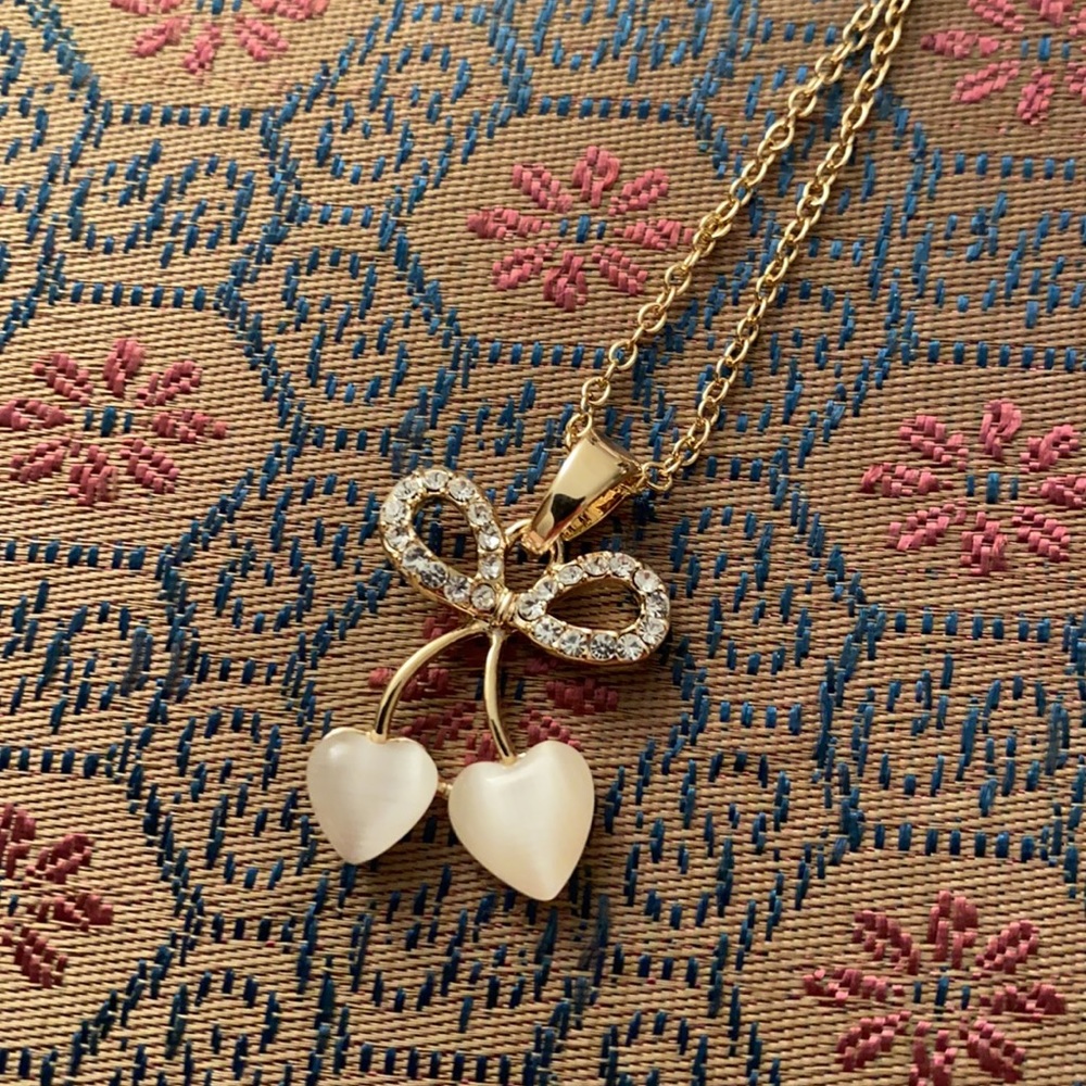 Brand New, Bow with CZs and Double Hearts Necklace